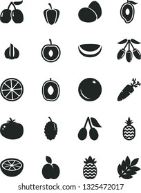Solid Black Vector Icon Set - eggs vector, tomato, carrot, a pineapple, apple, orange, cornels, mulberry, tasty, half of mango, goji berry, delicious plum, cherry, slice lemon, piece coconut, garlic