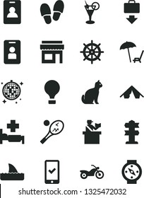 Solid Black Vector Icon Set - air balloon vector, motorcycle, identity card, passort control, phone registration, getting baggage, tent, arnchair under umbrella, cocktail, disco ball, hospital bed