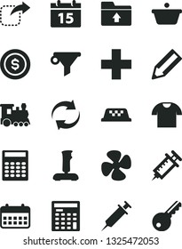 Solid Black Vector Icon Set - renewal vector, plus, upload folder, calendar, T shirt, move right, fan screw, pan, water filter, pencil, engineer calculator, joystick, syringe, dollar coin, train