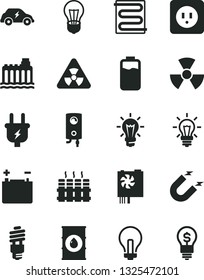 Solid Black Vector Icon Set - incandescent lamp vector, power socket type b, heating coil, radiator, boiler, charge level, oil, accumulator, bulb, hydroelectricity, plug, energy saving, magnet, idea
