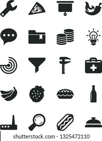 Solid Black Vector Icon Set - repair key vector, first aid kit, folder bookmark, speech, coins, piece of pizza, Hot Dog, apple pie, chili, strawberries, bananas, calipers, Glass bottle, magnifier
