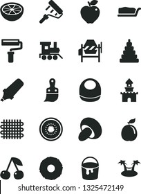 Solid Black Vector Icon Set - paint roller vector, baby bib, stacking toy, train, concrete mixer, bucket, plastic brush, porcini, cake slice, cherry, red apple, half of kiwi, guava, pineapple