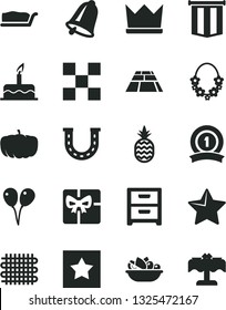 Solid Black Vector Icon Set - colored air balloons vector, cake, tile, paving slab, bell, star, nightstand, slice, a plate of fruit, pineapple, pumpkin, weaving, giftbox, medal ribbon, pennant flag