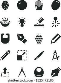 Solid Black Vector Icon Set - tassel vector, graphite pencil, bib, baby, drawing, expand picture, move up, porridge in a saucepan, cabbage, fried potato slices, large grape, tasty raspberry, coconut