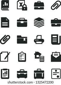 Solid Black Vector Icon Set - clip vector, scribbled paper, folder bookmark, portfolio, suitcase, estimate, received letter, case, pile, notes, survey, briefcase, statistical report, newspaper