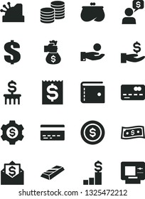 Solid Black Vector Icon Set - bank card vector, purse, dollar, coins, front of the, financial item, get a wage, catch coin, cashbox, gold bar, money bag hand, pedestal, column, gear, mail, dialog