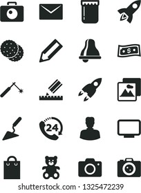 Solid Black Vector Icon Set - bell vector, camera, teddy bear, building trowel, drawing, envelope, picture, 24, jam, biscuit, welding, woman, pencil, bag, monitor, rocket, dollar