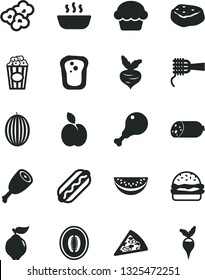 Solid Black Vector Icon Set - sausage vector, piece of pizza, Hot Dog, burger, noodles, cake, porridge, chicken leg, thigh, meat, popcorn, cup, apple, sandwich, quince, melon, half, water slice