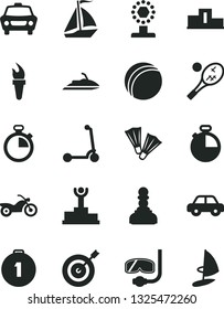 Solid Black Vector Icon Set - stopwatch vector, bath ball, motor vehicle, child Kick scooter, timer, car, flame torch, pedestal, winner podium, cup, pawn, target, first place medal, sail boat