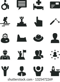 Solid Black Vector Icon Set - image of thought vector, woman, women, hat, potty chair, builder, employee, index finger, pass card, welding, scientist, winner podium, man hands up, with flag