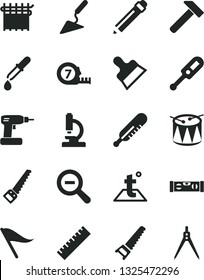 Solid Black Vector Icon Set - graphite pencil vector, yardstick, zoom out, wind direction indicator, electronic thermometer e, mercury, drum, building trowel, cordless drill, hand saw, arm, level