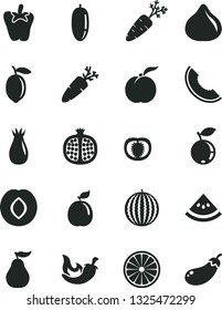 Solid Black Vector Icon Set - chili vector, peper, carrot, ripe peach, half pomegranate, plum, rose hip, fig, blueberry, water melon, slice of, date fruit, lemon, orange, guava, tomato, eggplant