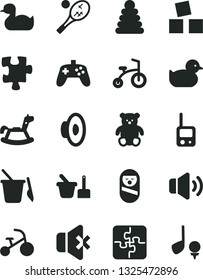 Solid Black Vector Icon Set - loudspeaker vector, rubber duck, baby duckling, stacking rings, roly poly doll, toy phone, sand set, children's, small teddy bear, rocking horse, cubes for children