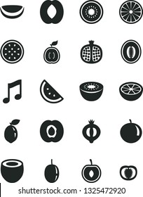 Solid Black Vector Icon Set - music vector, orange slice, half apricot, pomegranate, of medlar, peach, melon, tangerine, cherry, passion fruit, kiwi, sour lime, guawa, piece coconut, grapefruit