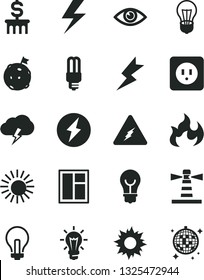 Solid Black Vector Icon Set - lightning vector, incandescent lamp, window, power socket type b, eye, bulb, storm cloud, mercury light, lighthouse, electricity, flame, flag on moon, dollar column