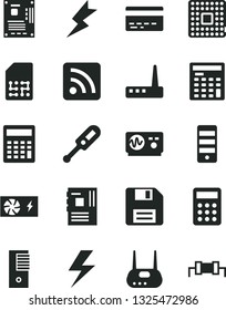 Solid Black Vector Icon Set - lightning vector, floppy disk, bank card, calculator, rss feed, electronic thermometer e, processor, SIM, engineer, pc power supply, tower, motherboard, router