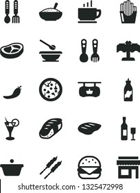Solid Black Vector Icon Set - plates and spoons vector, plastic fork, iron, coffee, pizza, big burger, a bowl of rice porridge, bacon, chop, barbecue, fried potato slices, sushi, liquor, red pepper
