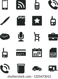 Solid Black Vector Icon Set - tassel vector, desktop microphone, calendar, bank card, rss feed, toy phone, mobile, a chair for feeding child, smartphone, call, piece of meat, jam, retro car, SIM, sd