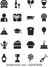 Solid Black Vector Icon Set - colored air balloons vector, balloon, cake, birthday, square academic hat, Easter, piece of, slice, lollipop, glass, bottle, giftbox, gold cup, star, man with medal
