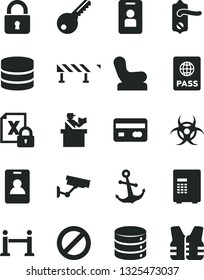 Solid Black Vector Icon Set - prohibition vector, Baby chair, key, door knob, road fence, lock, anchor, passport, big data, reverse side of a bank card, encrypting, biohazard, rope barrier, identity