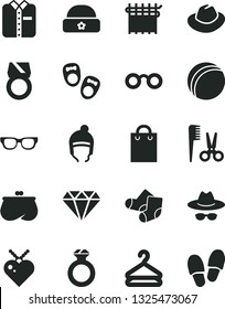 Solid Black Vector Icon Set - hat vector, with glasses, bath ball, accessories for a hairstyle, Knitted Socks, shoes little children, winter, warm, folded shirt, hanger, cloth industry, purse, bag