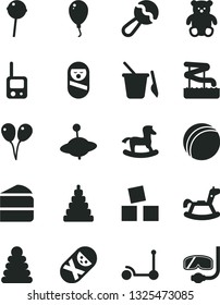 Solid Black Vector Icon Set - beanbag vector, bath ball, stacking rings, toy, roly poly doll, tumbler, phone, children's sand set, small teddy bear, yule, rocking horse, cubes for children, balloon