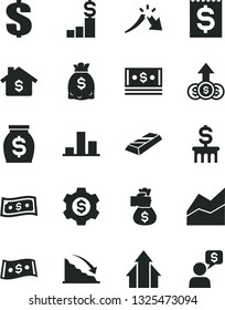 Solid Black Vector Icon Set - dollar vector, line chart, recession, a crisis, financial item, money, dollars, cash, growth arrows, gold bar, bag hand, mortgage, pedestal, column, gear, dialog