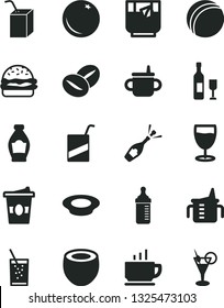 Solid Black Vector Icon Set - mug for feeding vector, measuring cup, bottle, bath ball, e, packing of juice with a straw, coffee, burger, plate milk, beans, coffe to go, glass soda, tea, orange