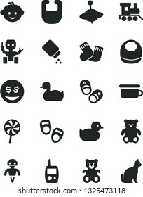 Solid Black Vector Icon Set - baby powder vector, bib, rubber duck, duckling, warm socks, toy mobile phone, children's potty, teddy bear, small, hairdo, train, yule, shoes for little children, child