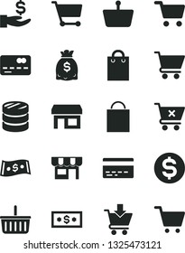 Solid Black Vector Icon Set - paper bag vector, grocery basket, bank card, cart, put in, crossed, kiosk, stall, shopping, front of the, column coins, dollar, get a wage, dollars