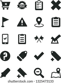 Solid Black Vector Icon Set - warning vector, add bookmark, zoom out, check mark, cross, label, pennant, question, crossed cart, survey, geolocation, text highlighter, sale, clipboard, flags, map