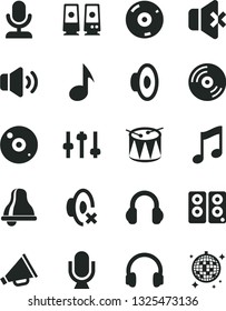 Solid Black Vector Icon Set - bell vector, horn, loudspeaker, silent mode, drum, microphone, music, CD, volume, no sound, headphones, pc speaker, note, settings, disco ball