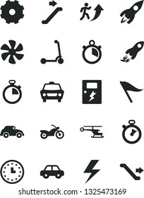 Solid Black Vector Icon Set - truck lorry vector, lightning, stopwatch, wind direction indicator, motor vehicle, child Kick scooter, dangers, car, marine propeller, retro, rocket, space, wall watch