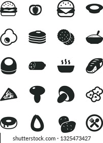 Solid Black Vector Icon Set - baby bib vector, sausage, stick of, piece pizza, big burger, mushroom, porcini, cake with a hole, bowl rice porridge, hot, plate milk, sushi, popcorn, fried egg, potato