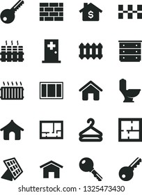 Solid Black Vector Icon Set - chest of drawers vector, house, brickwork, window frame, toilet, laying out, lay flat, key, ceramic tiles, radiator, new, home, hanger, aluminum, sun panel, mortgage