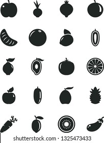 Solid Black Vector Icon Set - beet vector, carrot, apple, quince, apricot, medlar, half of mango, loquat, date fruit, tangerine, slice, sweet, lemon, yellow, kiwi, orange, ripe pineapple, grapefruit