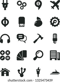 Solid Black Vector Icon Set - house vector, sample of colour, buildings, star gear, hammer with claw, math actions, half medlar, yellow lemon, electric plug, mercury light bulb, three gears, usb