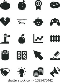 Solid Black Vector Icon Set - graph vector, children's hairdo, drawing, new radiator, broken heart, coins, tin, piece of meat, tomato, guava, coastal lighthouse, hand shake, pc speaker, joystick