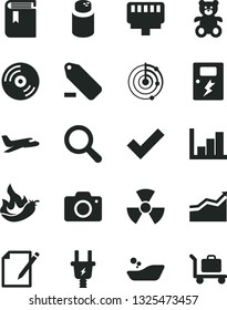 Solid Black Vector Icon Set - camera vector, magnifier, check mark, remove label, negative histogram, book, powder, children's bathroom, teddy bear, dangers, CD, notes, hot pepper, electric plug