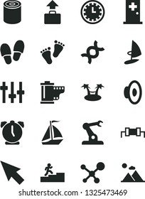 Solid Black Vector Icon Set - clock face vector, loudspeaker, camera roll, footprints, alarm, tin, assembly robot, cursor, molecule, dna, settings, resistor, carrer stairway, sail boat, baggage