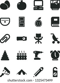 Solid Black Vector Icon Set - clip vector, graphite pencil, summer stroller, stacking toy, drill, paint roller, sink, interroom door, radiator, alarm clock, eggs, a glass of tea, pomegranate, chair