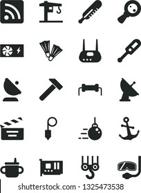 Solid Black Vector Icon Set - rss feed vector, movie cracker, mug for feeding, electronic thermometer e, mercury, crane, winch hook, big core, plummet, hammer, anchor, satellite antenna, card