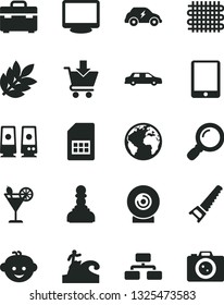 Solid Black Vector Icon Set - sign of the planet vector, children's hairdo, hand saw, suitcase, flowchart, put in cart, lens, cocktail, weaving, electric transport, SIM card, tablet pc, monitor