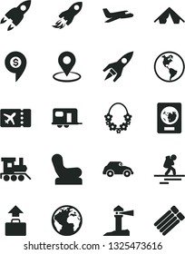 Solid Black Vector Icon Set - sign of the planet vector, Baby chair, toy train, Earth, retro car, coastal lighthouse, geolocation, space rocket, dollar pin, plane, camper, backpacker, passport, tent