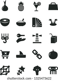 Solid Black Vector Icon Set - spectacles vector, packing of juice with a straw, winch hook, color samples, crossed cart, bowl rice porridge, cocktail, kiwi, pineapple, persimmon, onion, broccoli