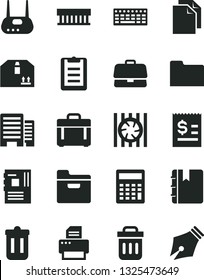 Solid Black Vector Icon Set - clean paper vector, calculator, buildings, notebook, case, folder, cardboard box, briefcase, article on the dollar, radiator fan, keyboard, motherboard, router, printer