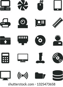 Solid Black Vector Icon Set - monitor vector, upload folder, CD, screen, operator, calculator, computer, tablet pc, fan, mouse, memory, card, web camera, printer, lan connector, wireless, joystick