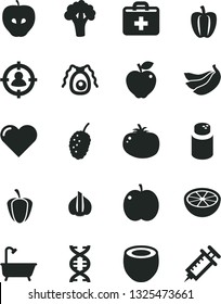 Solid Black Vector Icon Set - first aid kit vector, powder, bath, heart, tomato, apple, red, tasty, mulberry, bananas, half of coconut, grapefruit, Bell pepper, ripe, garlic, broccoli, man in sight