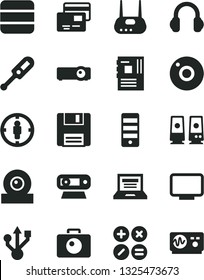 Solid Black Vector Icon Set - camera vector, laptop, electronic thermometer e, cards, math actions, goal woman, pc tower, motherboard, monitor, web, usb, router, headphones, speaker, floppy
