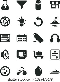 Solid Black Vector Icon Set - counterclockwise vector, silent mode, remove label, powder, tricycle, kiosk, lime, filter, calendar, headphones, network, flask, bulb, patente, motivation, atm, baggage